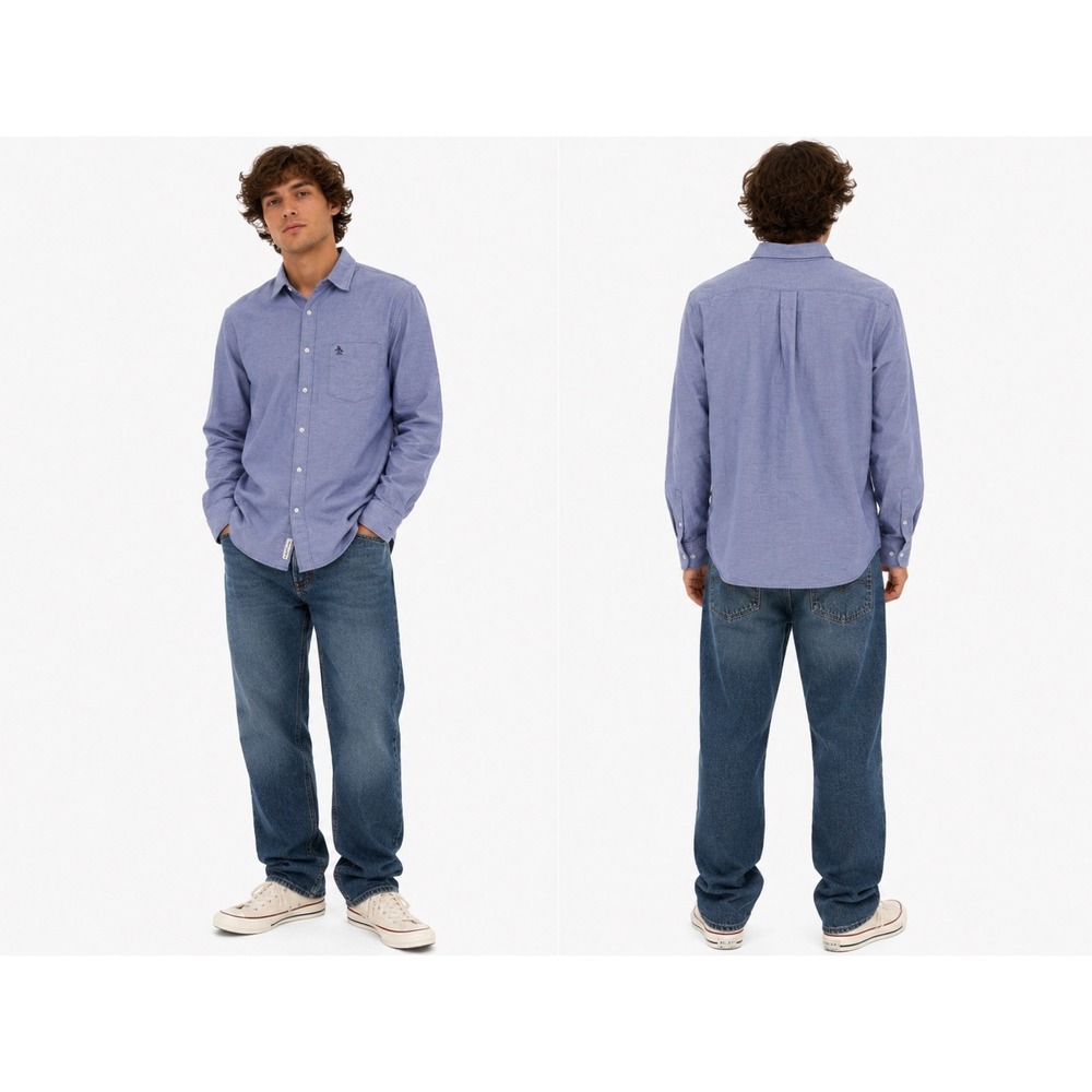 Original Penguin Button Down Mens Large Blue Herringbone Heritage Slim Fit Shirt